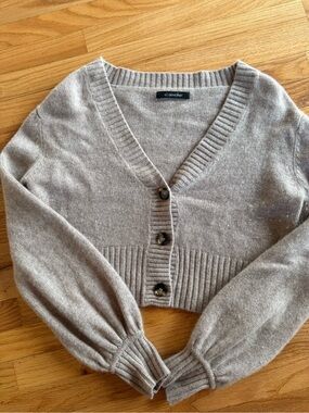 Elyse Walker Cropped 100% Cashmere Taupe Cardigan Sweater XS